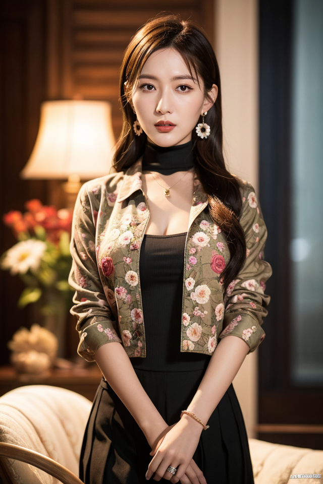 Li Yunsi,1girl,pleated skirt,jewelry,turtleneck,earrings,brown hair,necklace,long hair,brown eyes,(floral shirt:1.2),shirt...